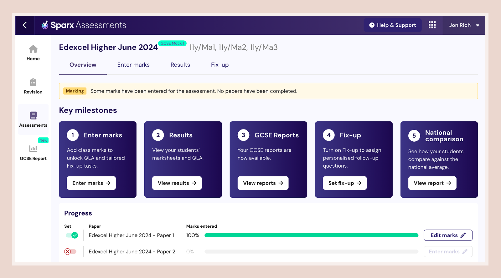 Assessments interface
