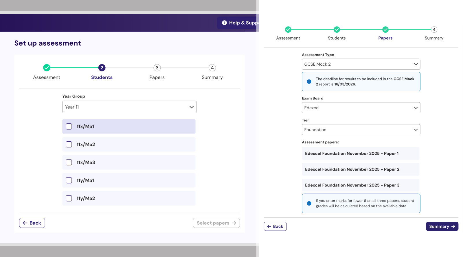 Assessments interface
