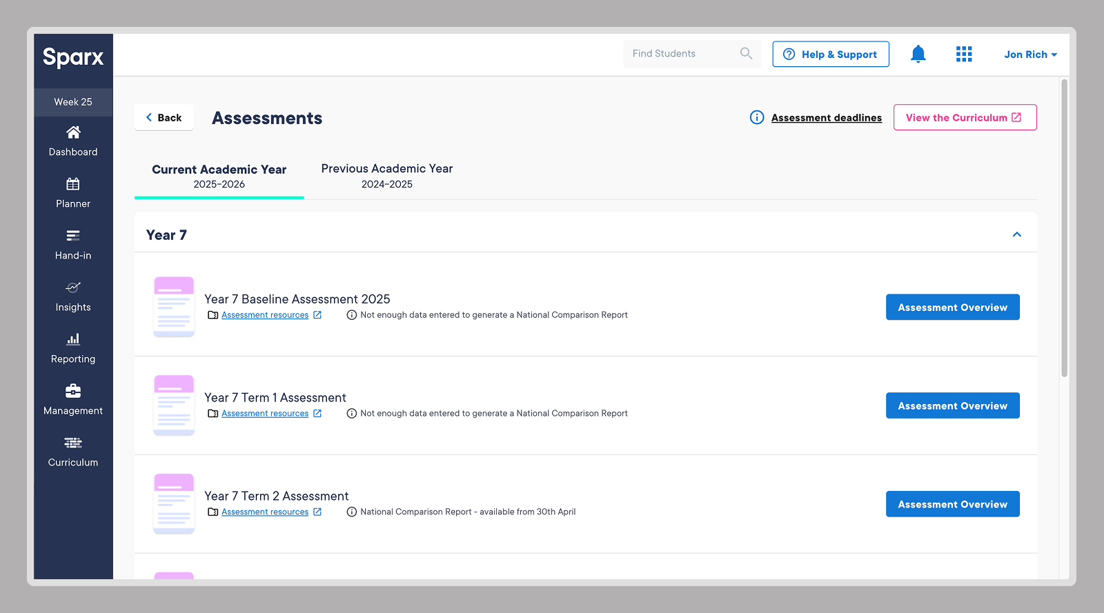 Assessments interface